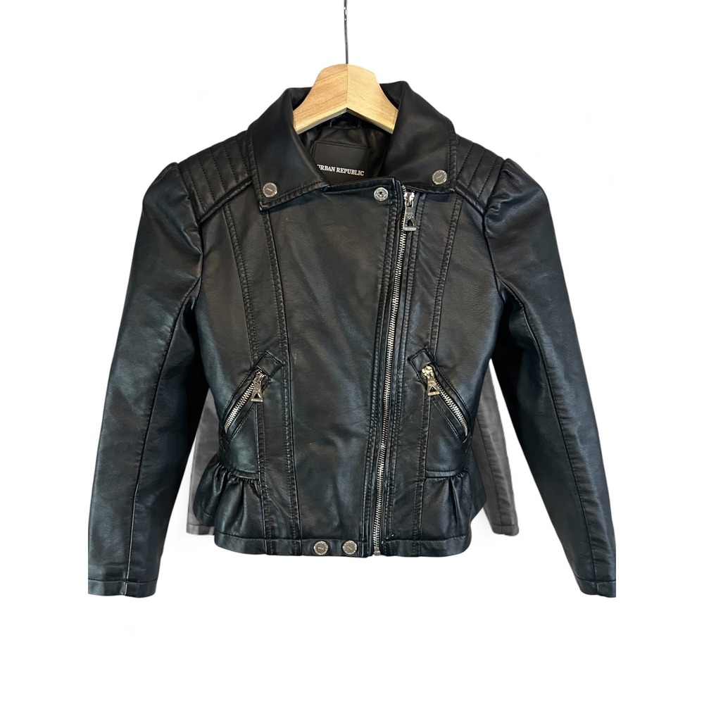 Urban Republic Girls Black Faux Leather Peplum Moto Jacket Size 7/8